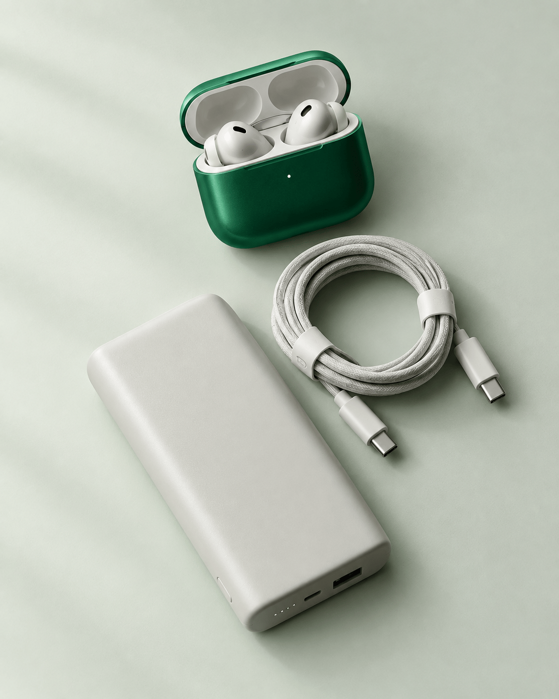 Tech accessories on a light background with a green accent