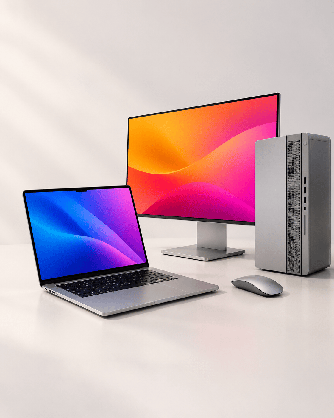 A silver laptop and smartphone on a light background with a blue accent